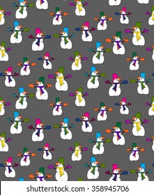 Vector seamless background of colorful snowmen. Randomly scattered snowmen.