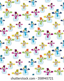 Vector seamless background of colorful snowmen. Randomly scattered snowmen.