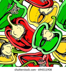 Vector seamless background with colorful sweet pepper on white background. Modern illustration. Can be used for wallpaper, pattern fills, web page, surface textures, textile print, wrapping paper.