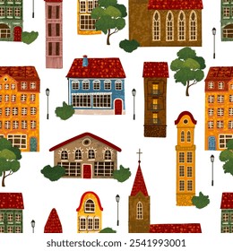 Vector Seamless Background with Colorful Textured Illustration of City Buildings. Use it for Wallpaper, Textile Print, Pattern Fills, Web Page, Surface Textures, Wrapping Paper, Design of Presentation