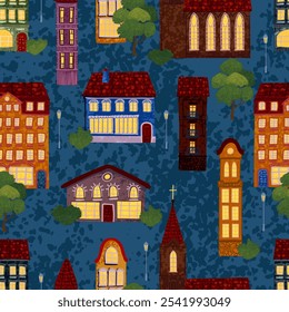 Vector Seamless Background with Colorful Textured Illustration of Night City. Use it for Wallpaper, Textile Print, Pattern Fills, Web Page, Surface Textures, Wrapping Paper, Design of Presentation