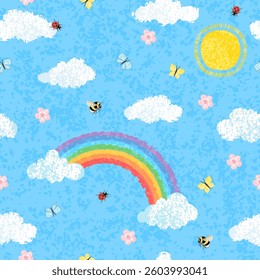 Vector Seamless Background with Colorful Textured Illustrations of Blue Spring Sky with Sun, Rainbow and Insect