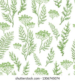 Vector seamless background with colorful watercolor illustration of herbs, plants and flowers. Can be used for wallpaper, pattern fills, web page, surface textures, textile print, wrapping paper