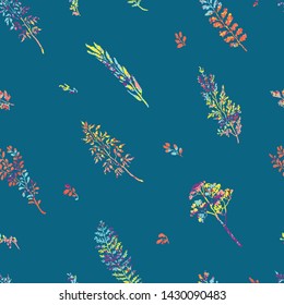 Vector seamless background with colorful watercolor illustration of herbs, plants and flowers. Can be used for wallpaper, pattern fills, web page, surface textures, textile print, wrapping paper