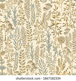 Vector seamless background with colorful watercolor illustration of herbs, plants and flowers. Can be used for wallpaper, pattern fills, web page, surface textures, textile print, wrapping paper