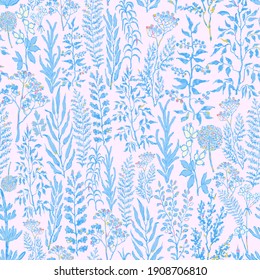 Vector seamless background with colorful watercolor illustration of herbs, plants and flowers. Can be used for wallpaper, pattern fills, web page, surface textures, textile print, wrapping paper