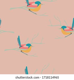 Vector seamless background with colourful birds. Light pink background. Suitable for textile or wrapping paper design