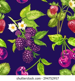 Vector seamless background. Composition with fruit and berries. Strawberries, cherries, blackberries, apple. Design for fabrics, textiles, paper, wallpaper, Internet. Vintage. 