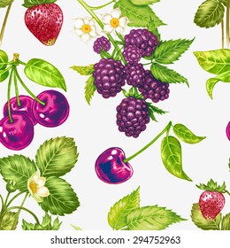 Vector seamless background. Composition with fruit and berries. Strawberries, cherries, blackberries, apple. Design for fabrics, textiles, paper, wallpaper, Internet. Vintage. 