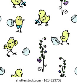 Vector seamless background with contour drawings by hand of chicks, black-white outline pattern. Chickens hatched from the shell, a chicken has a nipple hanging on its neck.