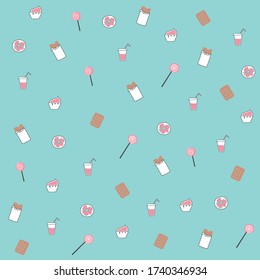 Vector seamless background with cookies, cakes, lolly pops, donuts and fruit cocktail. Turquoise background