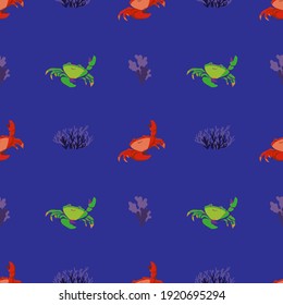vector seamless background with crabs and algae of sea life for printing on children's textiles.