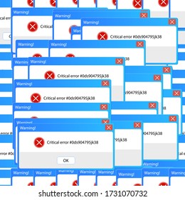 Vector seamless background, critical error message, retro computer screen, technology backdrop template, colorful illustration.