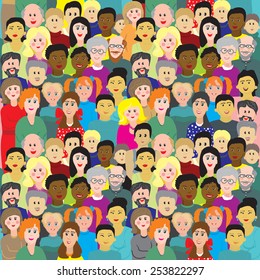 Vector seamless background  of crowd. Shown a lot of people of different ages, nationalities with cheerful, happy faces in colorful clothes.