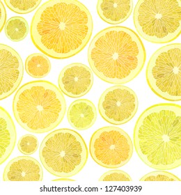 Vector seamless background of cut across a lot of citrus fruits on white.