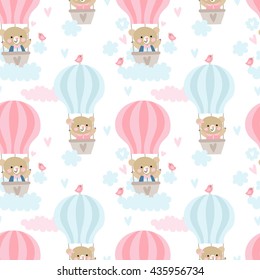 Vector seamless background with cute bears on balloon and clouds. Cute teddy bear  on balloon.