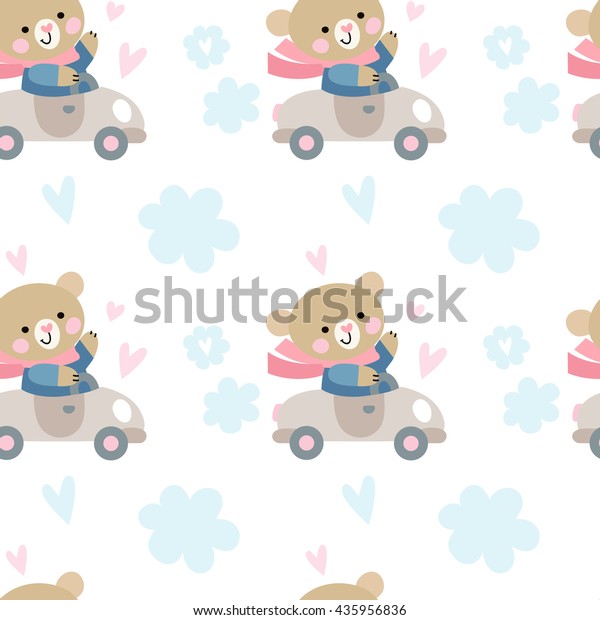 Vector seamless background with cute bears\
motorists. Cute teddy bear in the funny\
car.