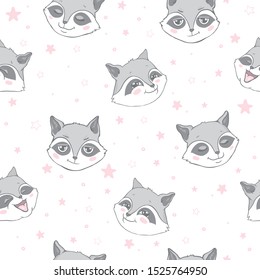 Vector seamless background with cute and beautiful raccoons. Cute background with cartoon character . Repeating texture with animals for children. 