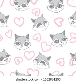 Vector seamless background with cute and beautiful raccoons. Cute background with cartoon character . 