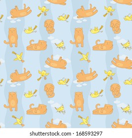 vector seamless background with cute birds and cats