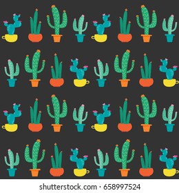 Vector seamless background with cute cactus in pot on dark background.