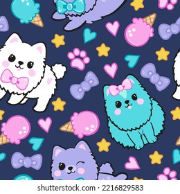 Vector seamless background with cute cartoon dog puppies. Can be used as background, wallpaper, fabric and other design. Pomeranian German spitz 