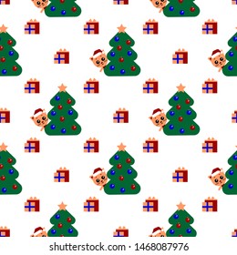 Vector seamless background. Cute cat looks out from behind a tree with balls. Funny character with presents. Happy new year. Vector illustration.