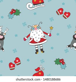 Vector seamless background with cute characters Santa Claus, snow maiden, snowman and decor. Christmas seamless background for greeting cards, wrapping paper, invitations and other purposes.