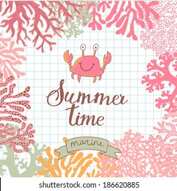 Vector seamless vector background with cute crab. Beautiful corals in the sea. Underwater landscape. Coral reef frame. Summer time