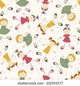 Vector seamless background with cute girls