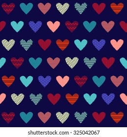 Vector seamless background with cute hearts on dark blue background with dots and stripes 