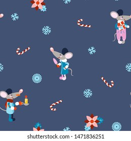 Vector seamless background with cute mouse characters, gifts, Christmas tree and decor. Christmas seamless background for greeting cards, wrapping paper, invitations and other purposes.