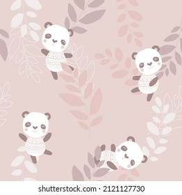 Vector seamless background with cute pandas. Pandas in the foliage. Pink flower pattern. Fabric, paper, wallpaper.