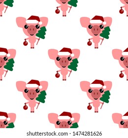 Vector seamless background. Cute pig with christmas tree and new year ball. Flat design.