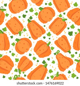 Vector seamless background with cute pumpkins for halloween party. Colorful different forms creepy and cute pumpkins pattern. Vector flat pattern.