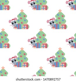 Vector seamless background. Cute rat looks out from behind a tree with balls. Funny character with presents. Happy new year. 2020. Symbol of the year in the Eastern calendar. Vector illustration.