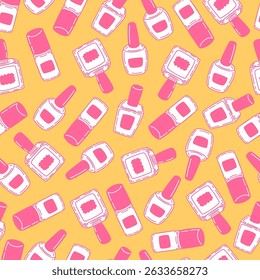 Vector seamless background of cute sketch-style nail polish bottles. Unique shapes for trendy cosmetic themes.