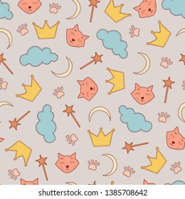 vector seamless background with cute sleepy cats and crowns