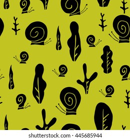 Vector seamless background with cute snails and plants