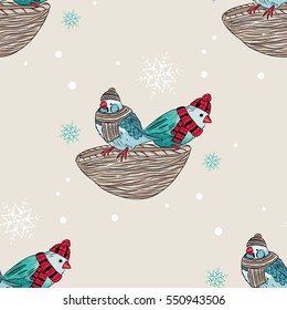vector seamless background with cute warm dressed birds. EPS