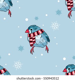 vector seamless background with cute warm dressed bird. EPS