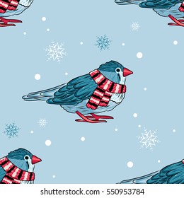 vector seamless background with cute warm dressed bird. EPS
