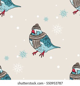 vector seamless background with cute warm dressed bird. EPS