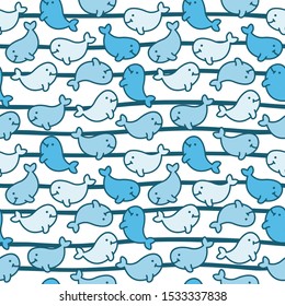 Vector seamless background with cute whales on striped background . Shade of blue 