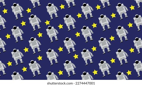Vector seamless background. Dark blue background. Pattern fill on the background. Stars in yellow, astronaut in shades of gray. Space, children's motif, fabric, wrapping paper and the like.