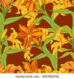 Vector seamless background. Day-lily. Flowers, buds and leaves. Use printed materials, signs, items, websites, maps, posters, postcards.
