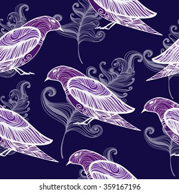 vector seamless background with decorative birds and feathers