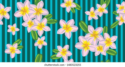 Vector seamless background with delicate frangipani flowers (plumeria) and striped turquoise background. Perfect for use as a print on fabric or wrapping paper.