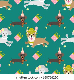 Vector seamless background for the design of birthday. Lovely dogs, gifts, stars.