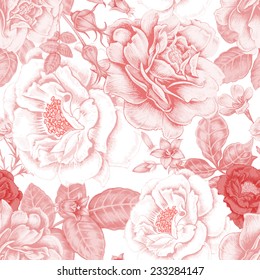 Vector seamless background. Design for fabrics, textiles, paper, wallpaper, web. Roses, peonies, anemones, bluebells. Retro. Vintage style.